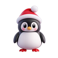 Obraz premium A cute cartoon penguin wearing a red Christmas hat, perfect for holiday themes and festive designs. 3d render