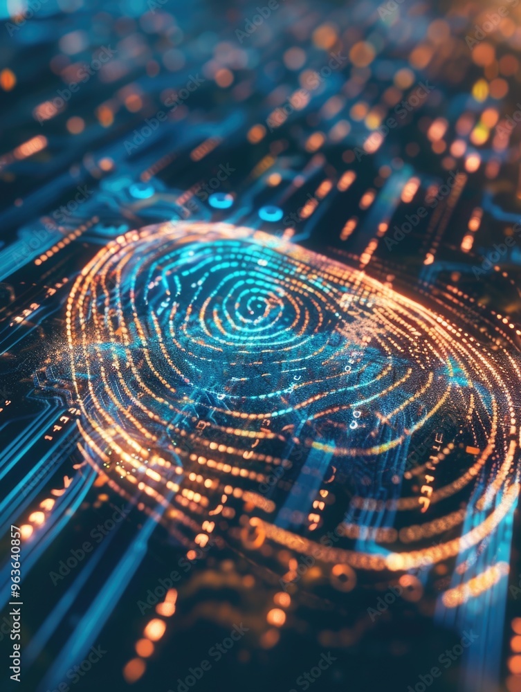 Poster a digital image of a fingerprint with a blue and orange swirl. the image has a futuristic and techno