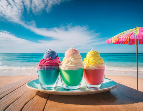 Deliciosos vasos con helado en una bonita mesa y una sombrilla en la playa.