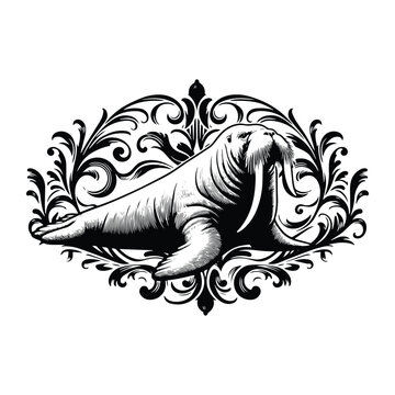 recommend clip art: Walrus with victorian flourish decoration, stencil logo, black and white animal illustration