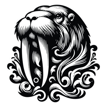 recommend clip art: Walrus with victorian flourish decoration, stencil logo, black and white animal illustration