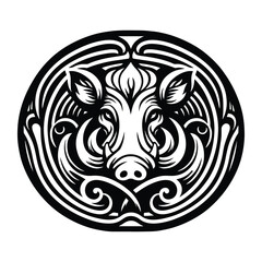 Fototapeta premium Warthog with art nouveau decoration, stencil logo, black and white animal illustration