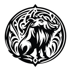 Obraz premium Warthog with art nouveau decoration, stencil logo, black and white animal illustration