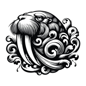 recommend clip art: Walrus with victorian flourish decoration, stencil logo, black and white animal illustration