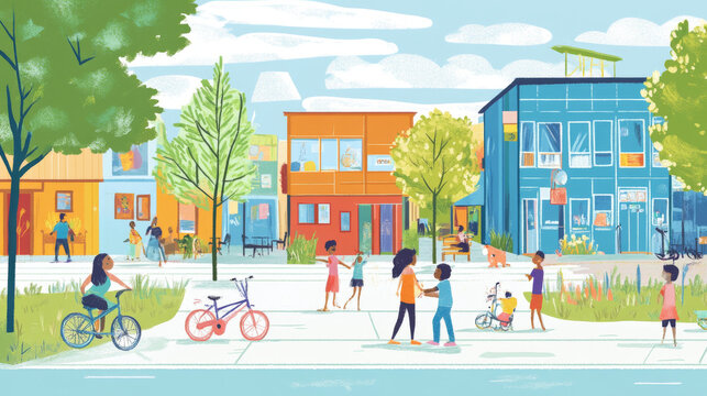 Illustrate signs of community pride, such as neighborhood banners, murals, or public art projects created by local residents. 