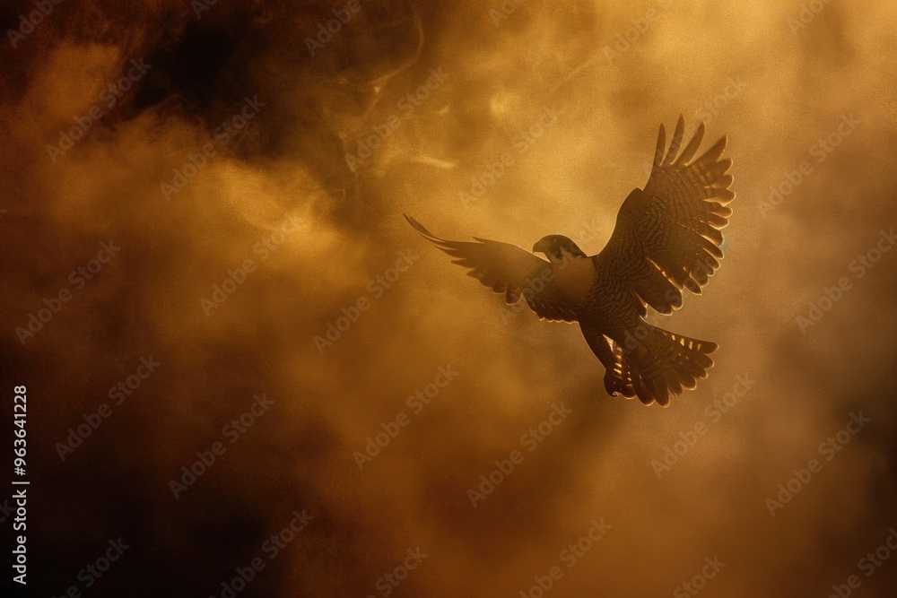 Poster a bird is flying in the sky with a dark background. the bird is in the middle of the sky and is the 