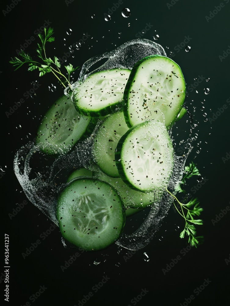 Poster a close up of cucumbers with a splash of water. the cucumbers are sliced and arranged in a way that 