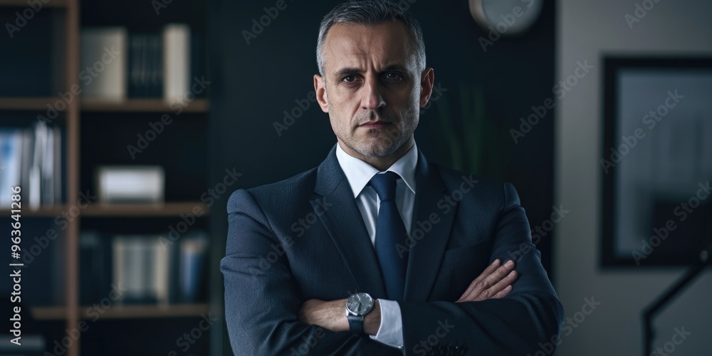 Poster a man in a suit and tie is standing in a room with a clock on the wall. he is looking at the camera 