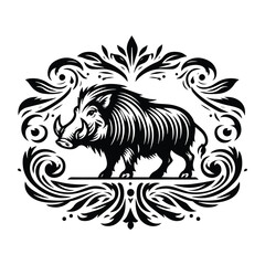 Fototapeta premium Warthog with victorian flourish decoration, stencil logo, black and white animal illustration