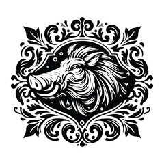 Warthog with victorian flourish decoration, stencil logo, black and white animal illustration