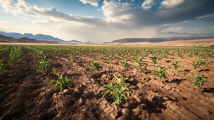 Expansive view of drought-resistant crops growing in arid regions, symbolizing the adaptation strategies needed in a warming world.