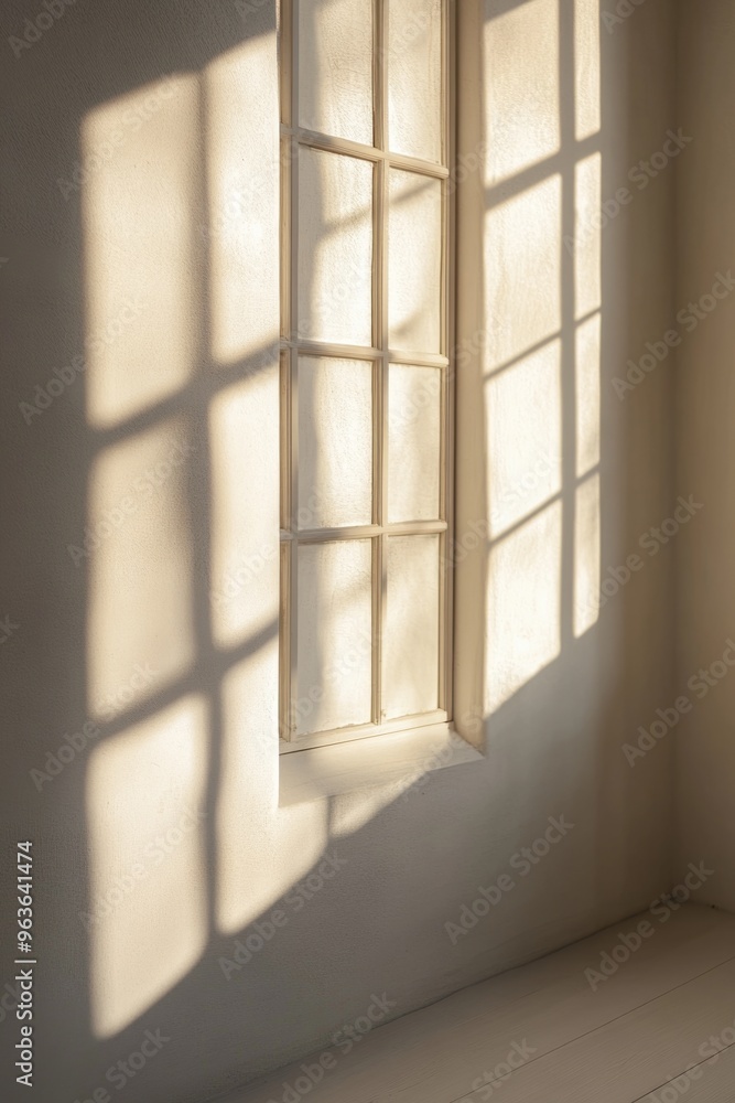 Poster a window with white frames and a white wall. the window is letting in sunlight, creating a warm and 