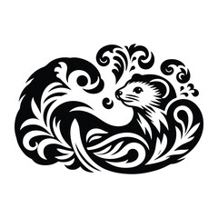 Fototapeta premium Weasel with victorian flourish decoration, stencil logo, black and white animal illustration