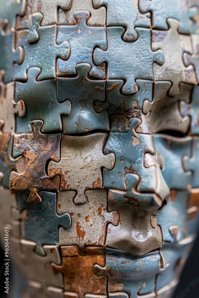 Poster a puzzle of a face with a blue and brown background. the puzzle is made up of many pieces, and the f