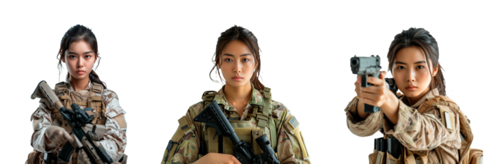 A set of female soldier isolated on white or transparent background. Close-up of asian female soldier in special uniform.