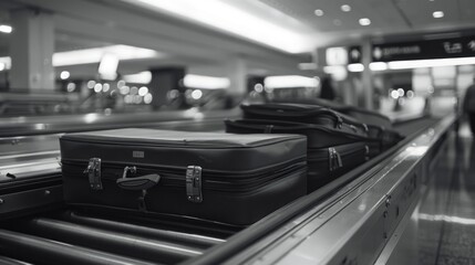Fototapeta premium A black suitcase sits on a conveyor belt at an airport