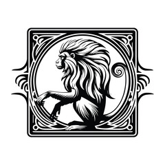 Obraz premium baboon monkey with art nouveau decoration, stencil logo, black and white animal illustration