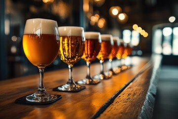 A row of six glasses of beer on a wooden bar. The glasses are filled with different types of beer, and the bar is dimly lit. Scene is relaxed and inviting