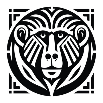 recommend clip art: baboon monkey with art deco decoration, stencil logo, black and white animal illustration