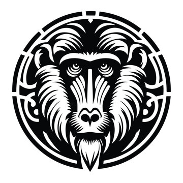 recommend clip art: baboon monkey with art nouveau decoration, stencil logo, black and white animal illustration