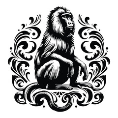 Naklejka premium baboon monkey with victorian flourish decoration, stencil logo, black and white animal illustration