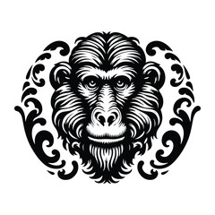 baboon monkey with victorian flourish decoration, stencil logo, black and white animal illustration