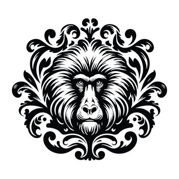 recommend clip art: baboon monkey with victorian flourish decoration, stencil logo, black and white animal illustration