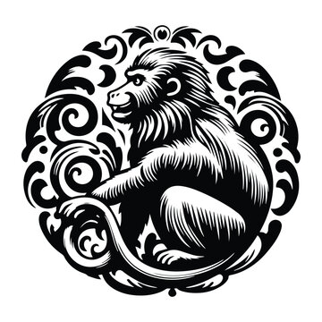 recommend clip art: baboon monkey with victorian flourish decoration, stencil logo, black and white animal illustration