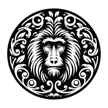 recommend clip art: baboon monkey with victorian flourish decoration, stencil logo, black and white animal illustration