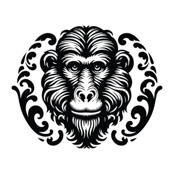 recommend clip art: baboon monkey with victorian flourish decoration, stencil logo, black and white animal illustration