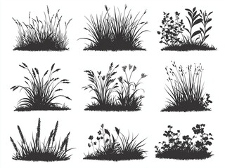 Black Plants Icons Set - grass, plants, foliage, leaves, nature, garden, outdoors, green, vegetation, landscape, set, botanical, illustration, black and white