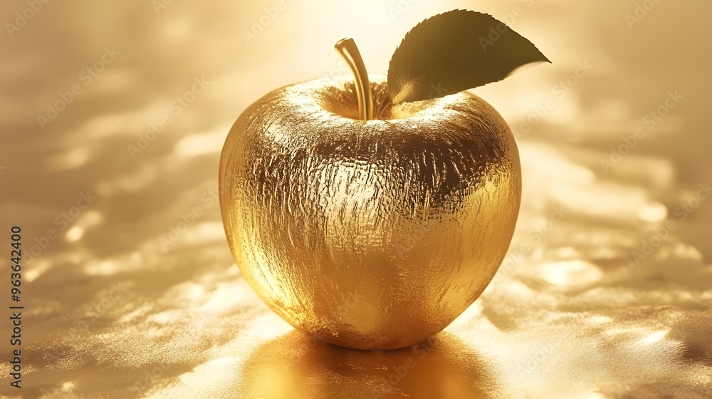 Aufkleber 3d rendering of a shiny golden apple with reflective surface image