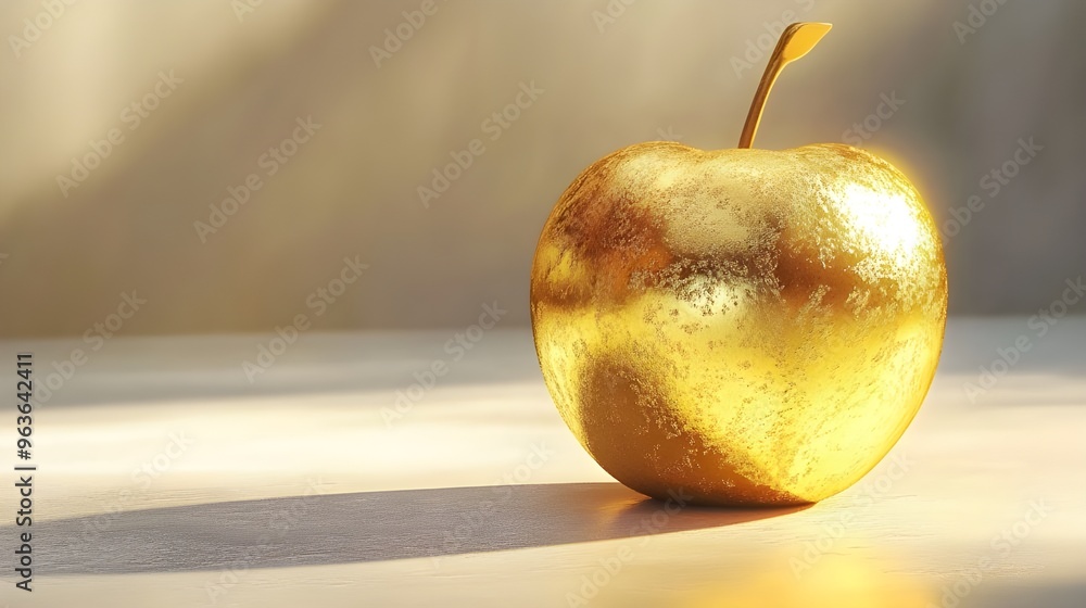 Poster 3d rendering of a shiny golden apple with reflective surface