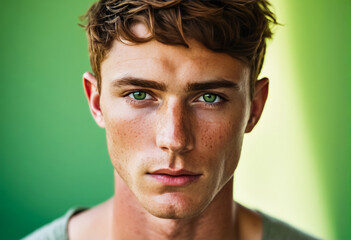 Fototapeta premium Close-up of a young Caucasian man with green eyes and freckles against a green background, representing confidence and individuality