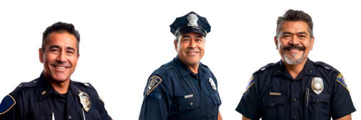 A set of European police officer isolated on white or transparent background. Policeman in special uniform looking at camera close-up.