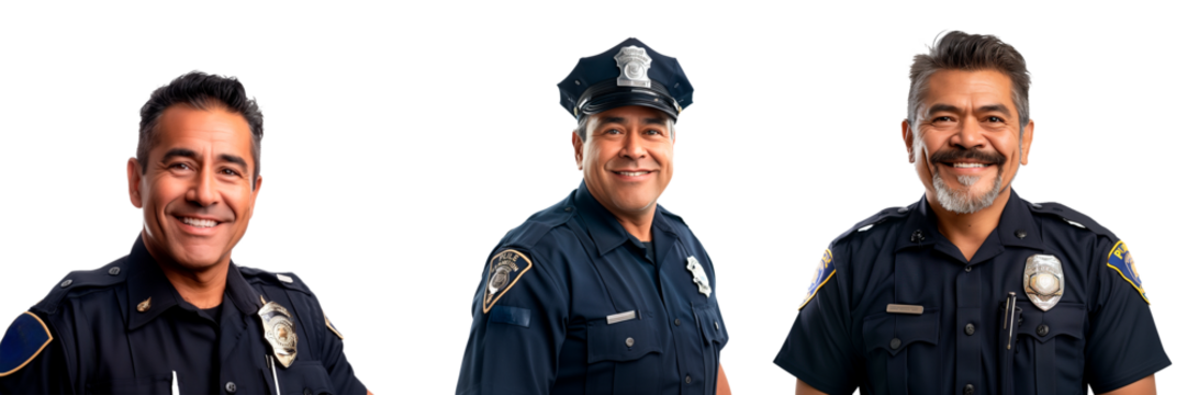 A set of European police officer isolated on white or transparent background. Policeman in special uniform looking at camera close-up. - Powered by Adobe