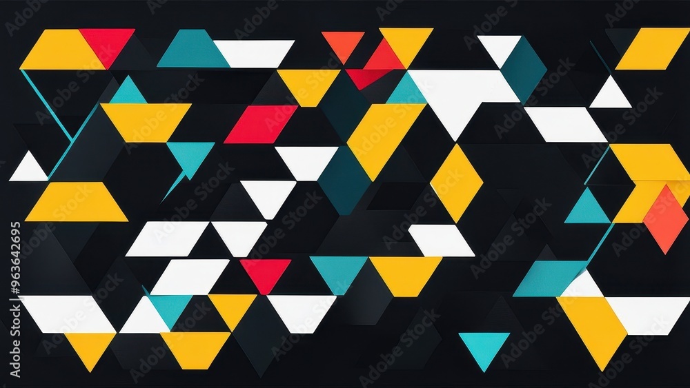 Poster a vibrant abstract composition with geometric shapes in various colors on a dark background.