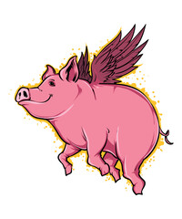 Flying Pig, vector art character graphic drawing illustration for stickers, streetwear, t-shirts, logos, print-on-demand, print, or branding