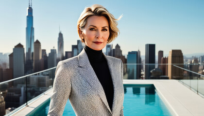 Fototapeta na wymiar Elegant businesswoman standing by a rooftop pool overlooking a city skyline, symbolizing success and leadership