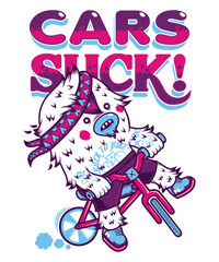 Yetti Riding Bike Cars Sucks, vector art character graphic drawing illustration for stickers, streetwear, t-shirts, logos, print-on-demand, print, or branding