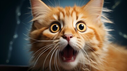 Crazy surprised cat isolated close up on transparent background.