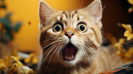 Crazy surprised cat makes big eyes close-up on a colored background.