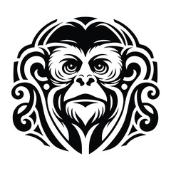 Fototapeta premium Gibbon monkey with art nouveau decoration, stencil logo, black and white animal illustration