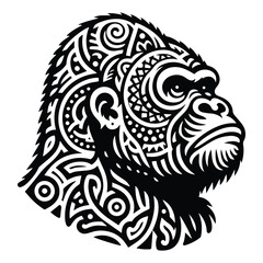 gorilla monkey in zentangle art, stencil logo, black and white animal illustration