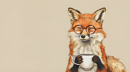 Obraz premium A sophisticated fox wearing a monocle enjoys a cup of tea in a charming setting.