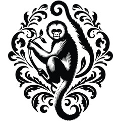 Obraz premium Gibbon monkey with victorian flourish decoration, stencil logo, black and white animal illustration