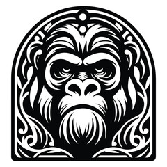 Fototapeta premium gorilla monkey with art nouveau decoration, stencil logo, black and white animal illustration