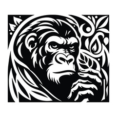 Fototapeta premium gorilla monkey with art nouveau decoration, stencil logo, black and white animal illustration