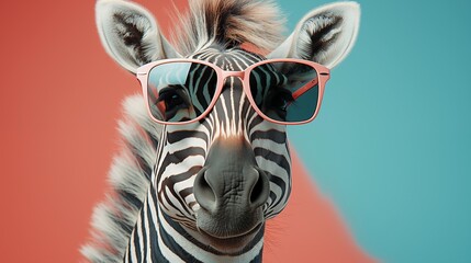 Obraz premium Creative animal concept. Zebra in sunglass shade glasses isolated on solid pastel background, commercial, editorial advertisement, surreal surrealism.