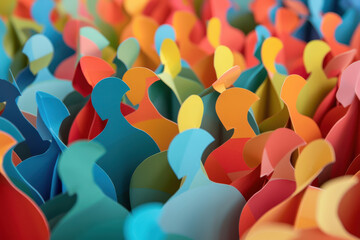 Abstract colorful paper crowd background with copy space, diverse male and female silhouettes in various colors representing diversity of people in the community concept.